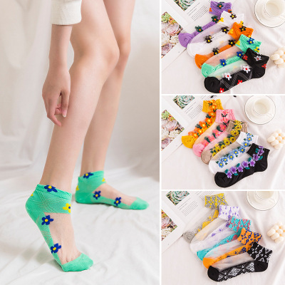 2021 Spring and Summer New Crystasilk Sock Women's Breathable Colorful Flora Japanese Ethnic Style Spun Glass Low Top Socks