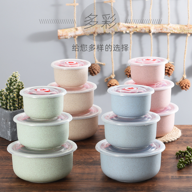 Promotional Gifts Wheat Straw Freshness Bowl Three-Piece Set with Lid Household Microwave Oven Plast