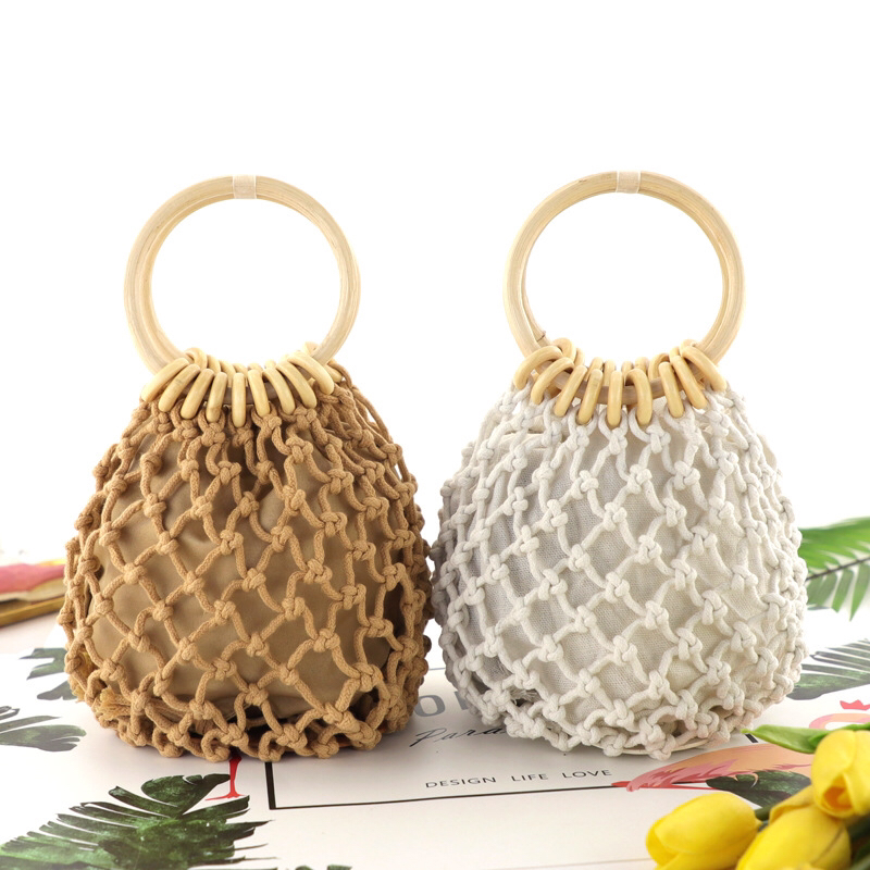 New Cotton Mesh Pocket Hand Drawstring Woven Bag Hand Carrying Fresh Straw Bag Casual Women's B