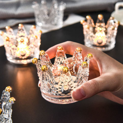 INS Light Luxury Glass Crystal Golden Crown Candlestick Necklace Ring Storage Dish Creative Decoration Incense Candle Holder