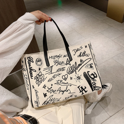 Graffiti Canvas Bag New 2021 Trendy Korean Style Popular All-Matching Large Capacity Shoulder Bag Crossbody Portable Tote Bag for Women