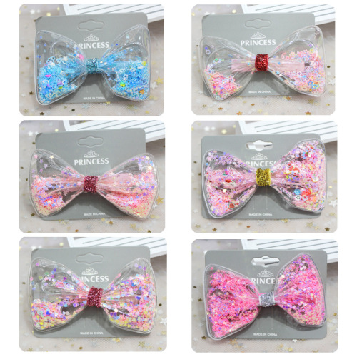 girls sweet cute personalized hair accessories korean hot transparent pvc quicksand glitter oversized bow hairpin hair accessories