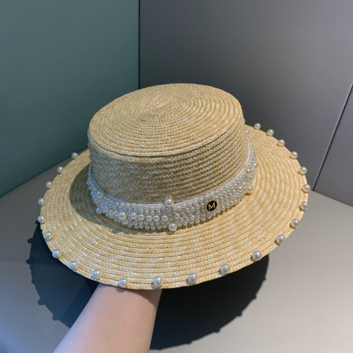 French Entry Lux Style M Standard Pearl Wheat-Straw Hat Korean Fashion Elegant Flat-Top Cap Spring and Summer Seaside Sunhat