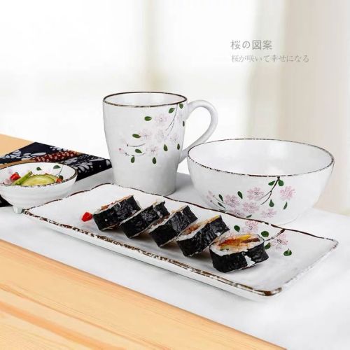 Japanese New Hand-Painted Cherry Blossom Ceramic Japanese Style Household Rice Soup Bowl Set Dish Cute Ramen Bowl 