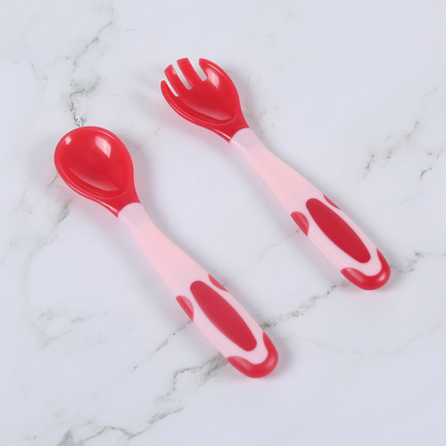 Cartoon Children‘s Twist Fork Spoon Set Children‘s Tableware Temperature Sensitive Curved Spoon Baby Silicone Temperature Sensitive Knife Fork Spoon