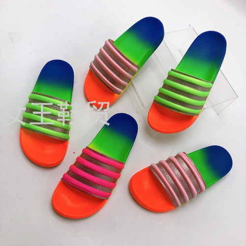 021 Europe and America Cross Border Rainbow Slippers Thick Bottom Outer Wear Women‘s Sandals Large Size Rhinestone One-Strap Slippers Shoes 