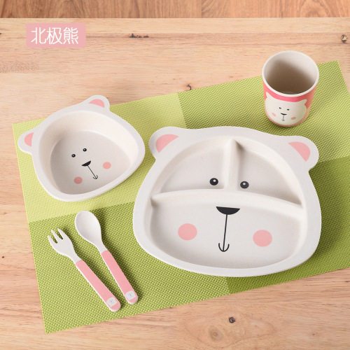 creative new bamboo fiber children‘s tableware bowl plate dish set cartoon plate spoon fork cup five-piece set manufacturer