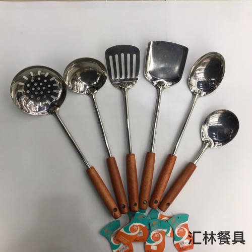 201 stainless steel kitchenware wholesale lier wooden handle soup colander spatula leaking long tongue spoon short rice spoon customizable logo