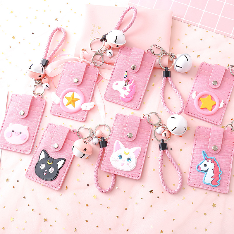 New Three-Card Pink Large Bell Lanyard Card Cover Cartoon Student Meal Card ID Card Bus Pass Protect
