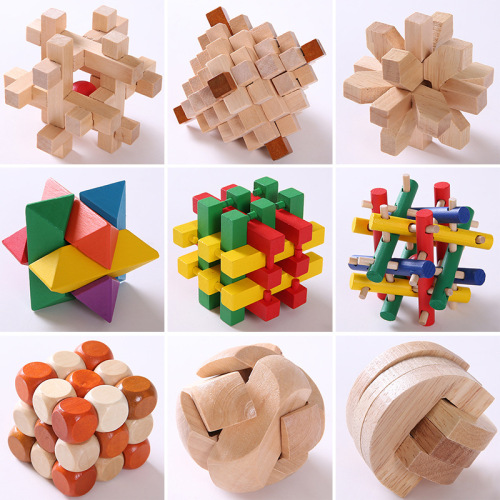 Beech Interlocked Children‘s Educational Toys Wooden Insertion Building Blocks Colorful Decompression Toy Burr Puzzle Gift