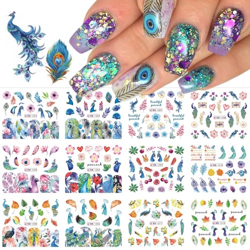 cross-border manicure watermark sticker ins popular art water color peacock feather leaf watermark nail sticker