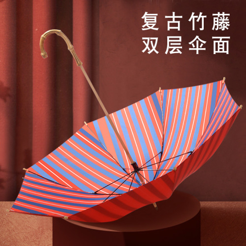 Creative Retro Bamboo Handle Umbrella Long Handle Mori Personality Simple Double-Layer Umbrella Surface Umbrella Spot Wholesale Customization