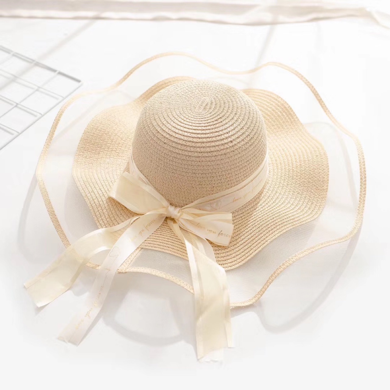 New Korean Style Big Brim Straw Hat Stitching Mesh Fashion Trending Same Sun Hat Women's Summer