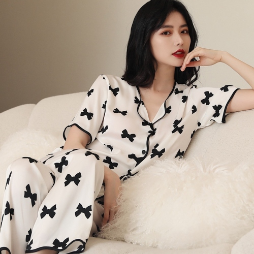 Summer Silk Pajamas Women‘s Suit Loose Korean plus Size Printing Casual Ice Silk Home Short Sleeve Trousers Home Wear 