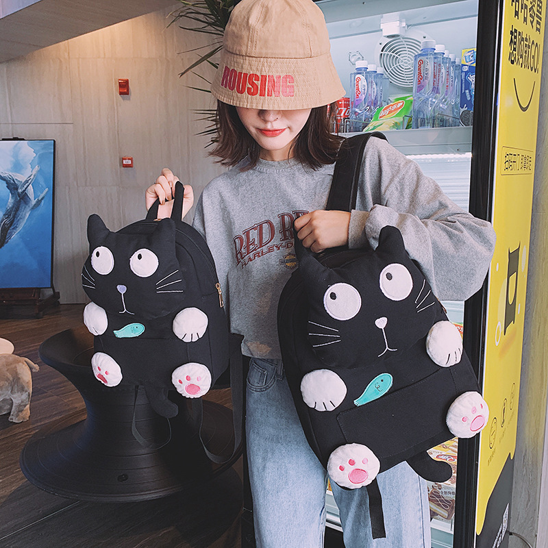 Japanese Cute Cartoon Canvas Schoolbag Student Korean Style Large Capacity Student Backpack Cat Eati