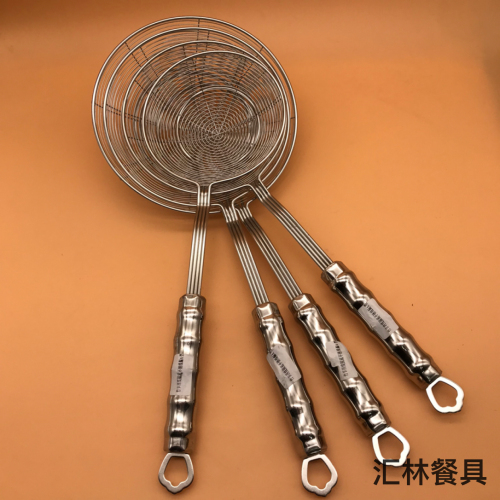 kitchenware wholesale bamboo steel handle four-line round bottom 201 stainless steel line leakage hot pot fried oil grid drain filter net