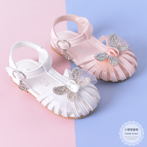 Small Particles Shiny Rhinestone Ornament Princess Sandals for Girls Summer New Soft Bottom Non-Slip Bow Beach Shoes