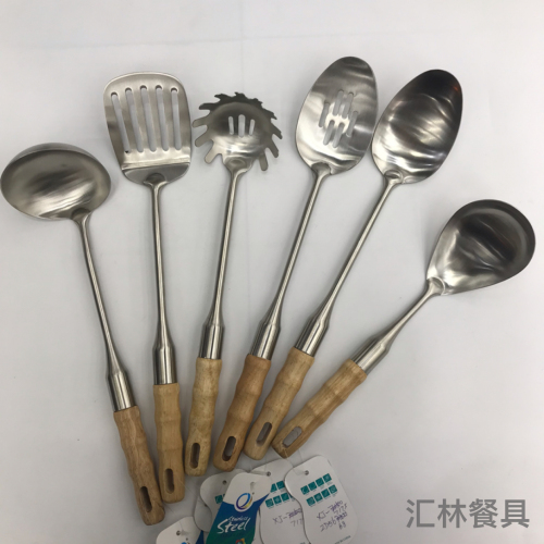 201 stainless steel kitchenware bamboo wooden handle double stand porridge colander spatula long tongue drain short rice spoon can be customized