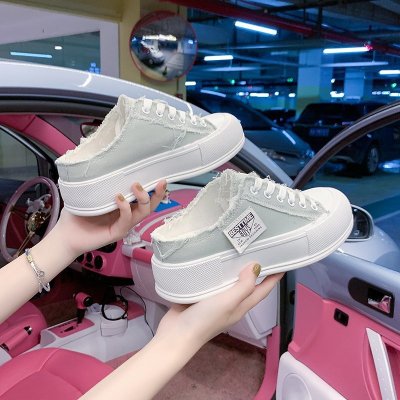 Toe Cap Semi Slipper Women's Shoes 2021 New Summer Ulzzang Platform Canvas Sneakers Ins Street Shooting Lace-up White Shoes