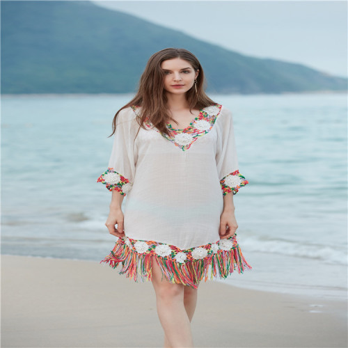 a4213 cross-border knitwear hollow out hand hook water soluble flower bikini loose bohemian beach blouse
