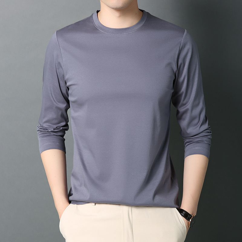 Double Mercerized Cotton Middle-Aged Men's T-shirt with Long Sleeve and round Collar Full Cotto