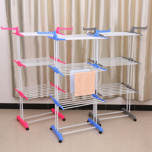 Commodity Folding Floor Drying Rack Wholesale Wing-Shaped Movable Three-Layer Towel Drying Rack with Wheels