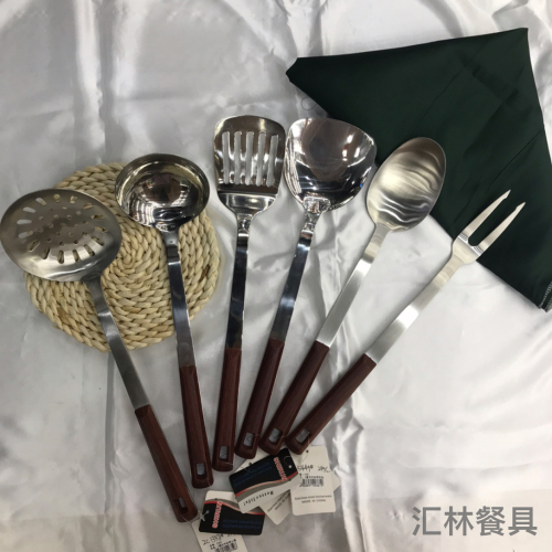 stainless steel kitchenware 3cm square wood grain handle porridge colander spatula flat shovel long tongue spoon hotel customizable