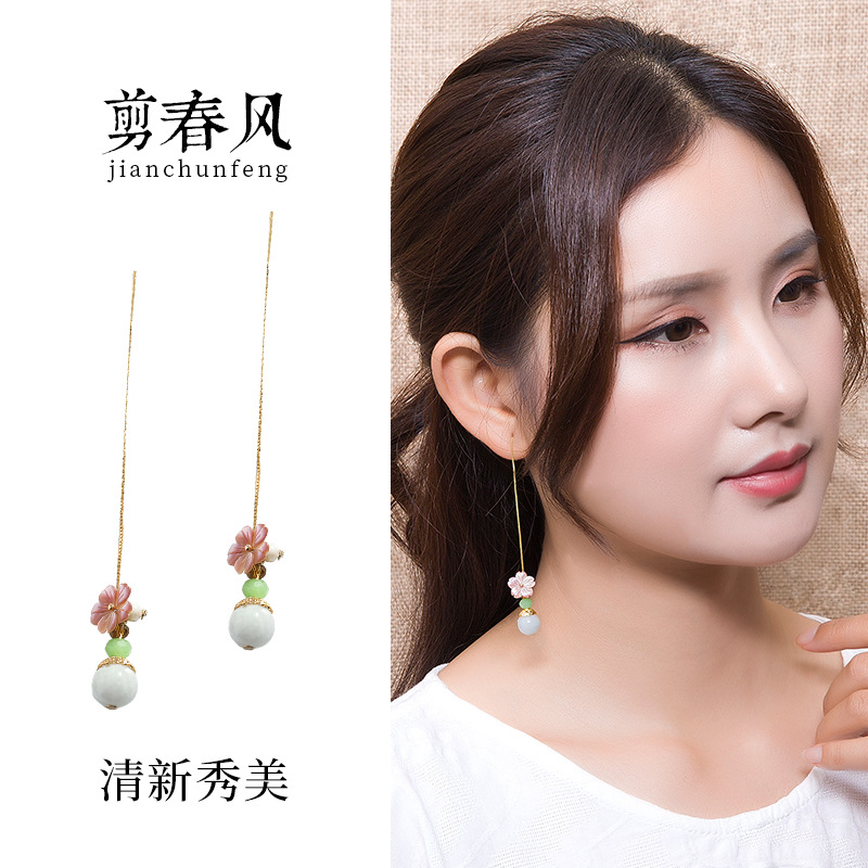 Ethnic Style Bells of Ireland S925 Sterling Silver Ear Line Glaze Jade Vintage and Little Fresh Eleg