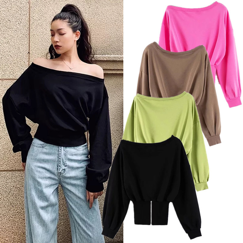 Foreign Trade 21 Autumn and Winter European and American Sexy off-the-Shoulder Diagonal Collar Sweat