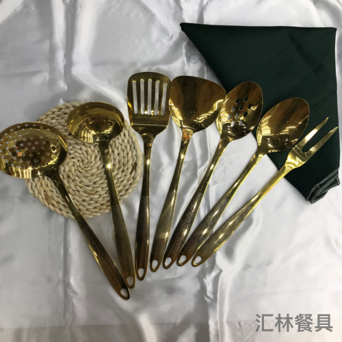 stainless steel kitchenware titanium plated with handle laser porridge colander frying shovel flat shovel long tongue leaking meat fork can be customized