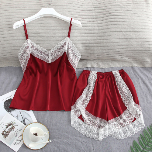 Spring and Summer New Artificial Silk Sexy Pajamas Women‘s Lace Sling Shorts Two-Piece Set Girl Cute Homewear