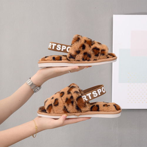 Cross-Border Plush Slippers Female Autumn and Winter Flat Non-Slip Thermal Elastic Band Leopard Open Cotton Slippers Foreign Trade Amazon 