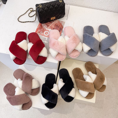 new foreign trade popular furry slippers women‘s home color matching cross slippers indoor soft bottom warm cotton slippers comfortable