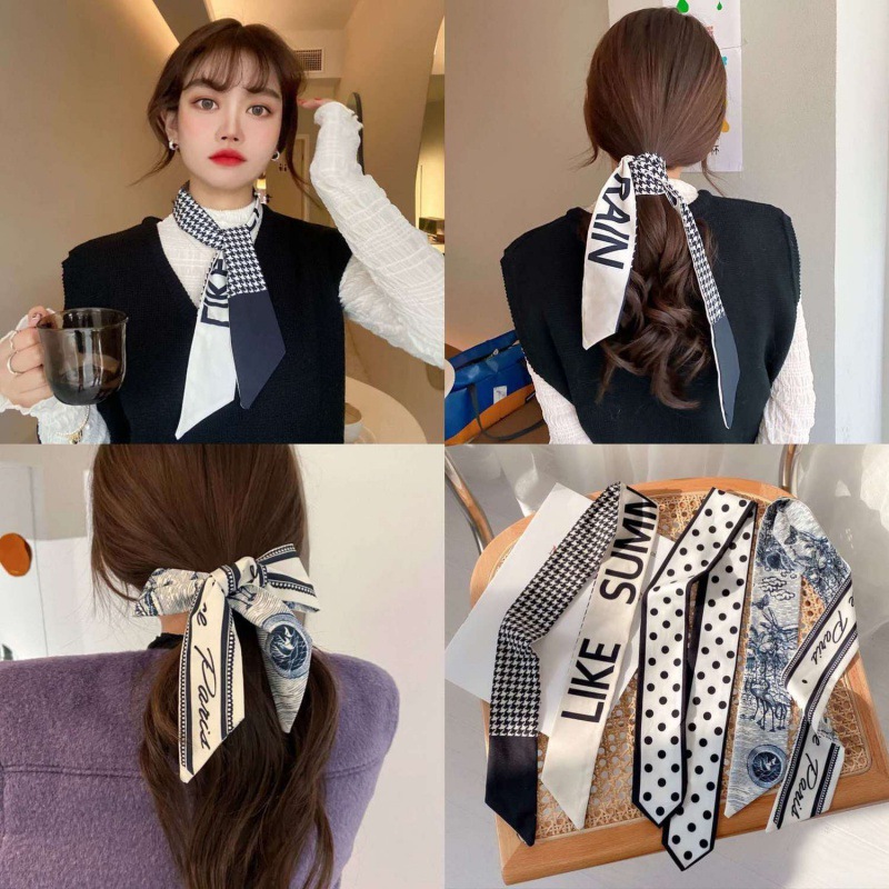 Popular Multi-Energy Silk Scarf Houndstooth Vintage Headband Korean Hair Band Ins Hair Band Bow Prin