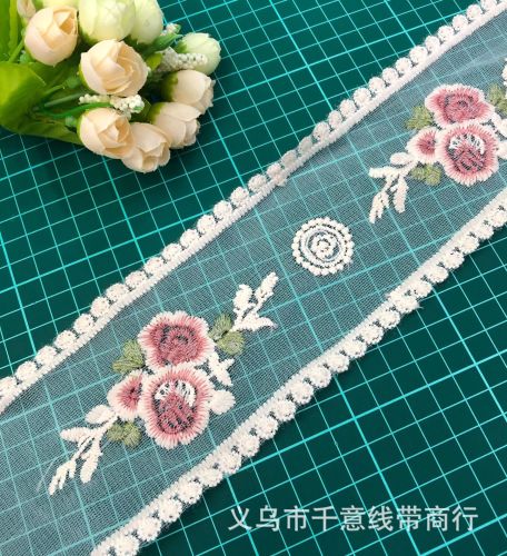 In Stock Wholesale Mesh Embroidery 8.5cm Milk Silk Wedding Dress Home Textile Fabric Embroidery Bar Code Decoration Accessories