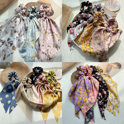 New Summer Fresh Colorful Flowers Solid Color Ribbon Large Intestine Ring Hair Band Ponytail Hair String Tie Hair Fabric Belt Tire