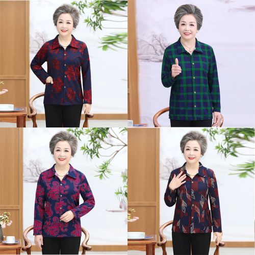 Mom Middle-Aged and Elderly Summer Clothing Shirt Grandma Spring and Autumn Long Sleeve Underwear Bottoming Shirt Thin Pocket Coat Female