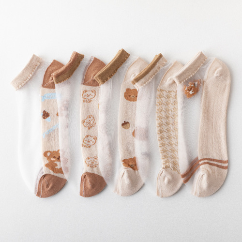Spring and Summer New Glass Stockings Women‘s Thin Stockings Korean Bear Khaki Socks Transparent Color Cotton Socks 