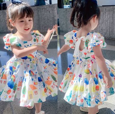 Girl's Dress Floral Puff Sleeve Dress Princess Dress 20 Summer New Foreign Trade Children's Wear Generation 3-8 Years Old