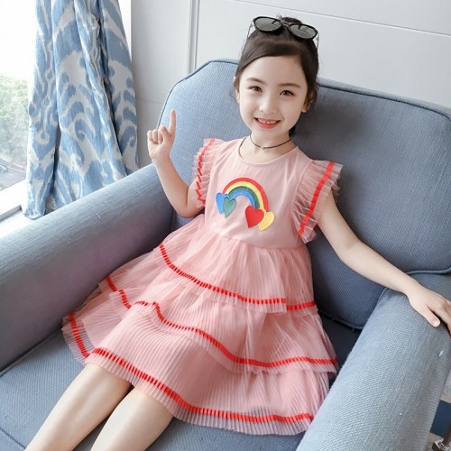 Girls‘ Flounced Sleeve Rainbow Dress 2020 Trendy Little Girl Elsa‘s Princess Dress Summer Children‘s Gauze Dress