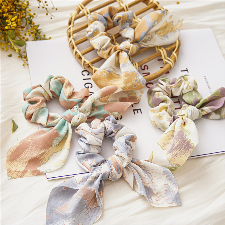2021 New Tie-Dyed Vintage Rabbit Ears Large Intestine Hair Ring Headdress Women's Updo Knotted