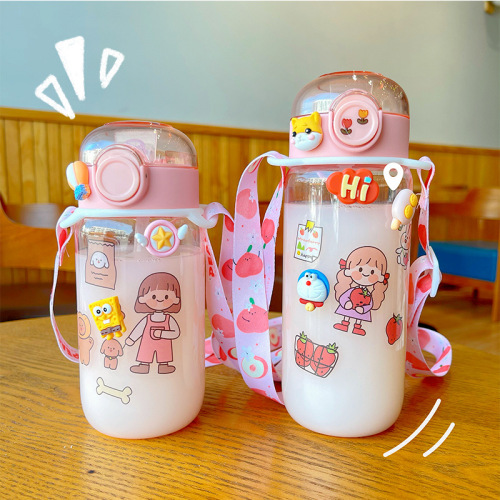 simple ins elastic cover sports straw plastic cup cartoon ins printing girl heart water cup children water cup