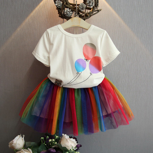 Foreign Trade Children‘s Clothing New Korean Summer Girls cartoon Short-Sleeved T-shirt plus Rainbow Skirt Mesh Skirt Two-Piece Set 