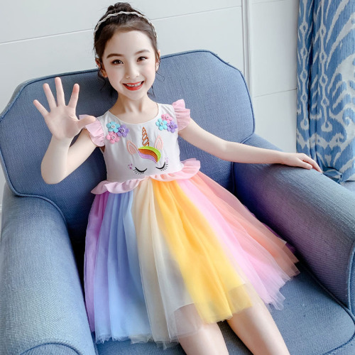 ancorelala children‘s clothing 2021 spring and summer new girls‘ dress unicorn embroidery flower rainbow dress