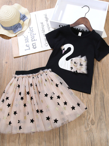 2020 summer new foreign trade girl suit baby girl short sleeve swan top plus star mesh skirt two-piece set