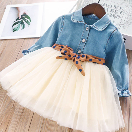 2020 Autumn New Korean Style Girls‘ Dress Children Fashion Long Sleeve Denim Gauze Dress Polka Dot Belt Skirt