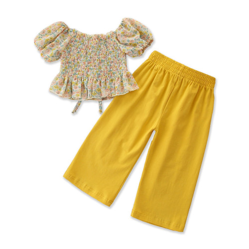 foreign trade cross-border children‘s clothing 2021 summer girl‘s sweet suit ins western style girl‘s small floral top + wide leg pants