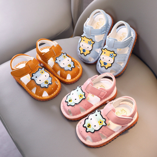 Baby Cow Sandals Female Toddler Shoes Summer 0-1-2-3 Years Old Baby Soft Bottom Squeaky Shoes Baby Boy Shoes