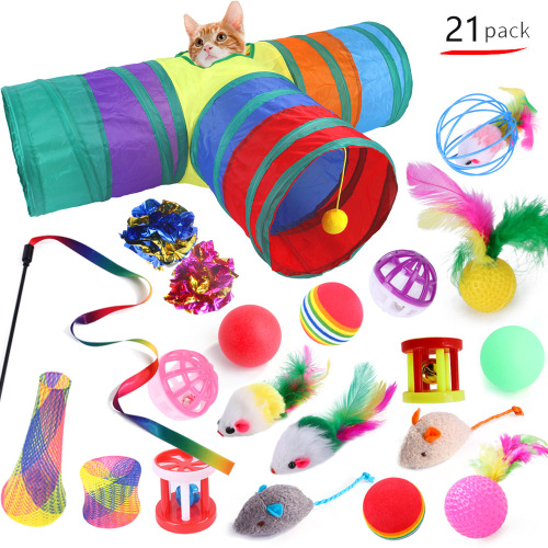 cross-border cat toy pet toy combination set cat funny cat stick rainbow tunnel cat supplies 21-piece set