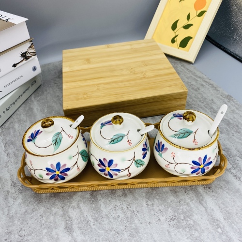 Household Chinese Seasoning Box Kitchen Ceramic Seasoning Jar Chili Oil Tank Four-Piece Kitchen Supplies